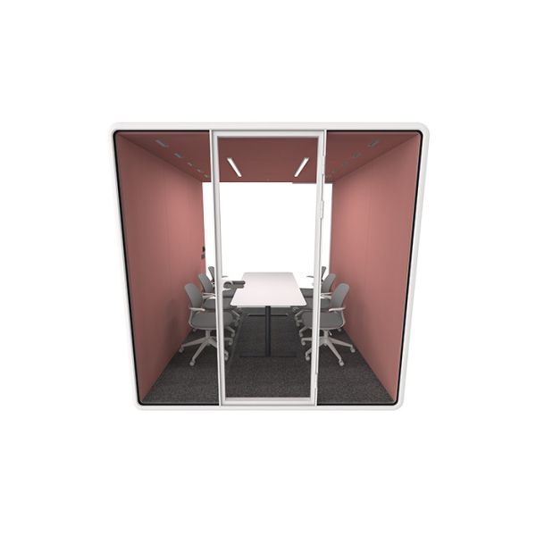A modular soundproof office pod with 4-6 person capacity, laminated glass, and high-efficiency sound insulation for a quiet workspace