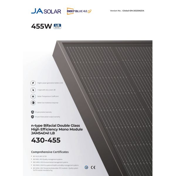 JA  Solar China Half Cut Cell Mono JAM54D41 430-455 LB 405W 445W Solar Energy Power Panel Ja Solar Panels