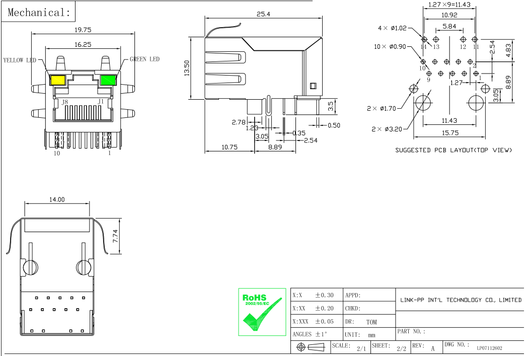 Женские разъемы XMH-TRJ6100AGNL-SG кабеля локальных сетей rj45 для PCB