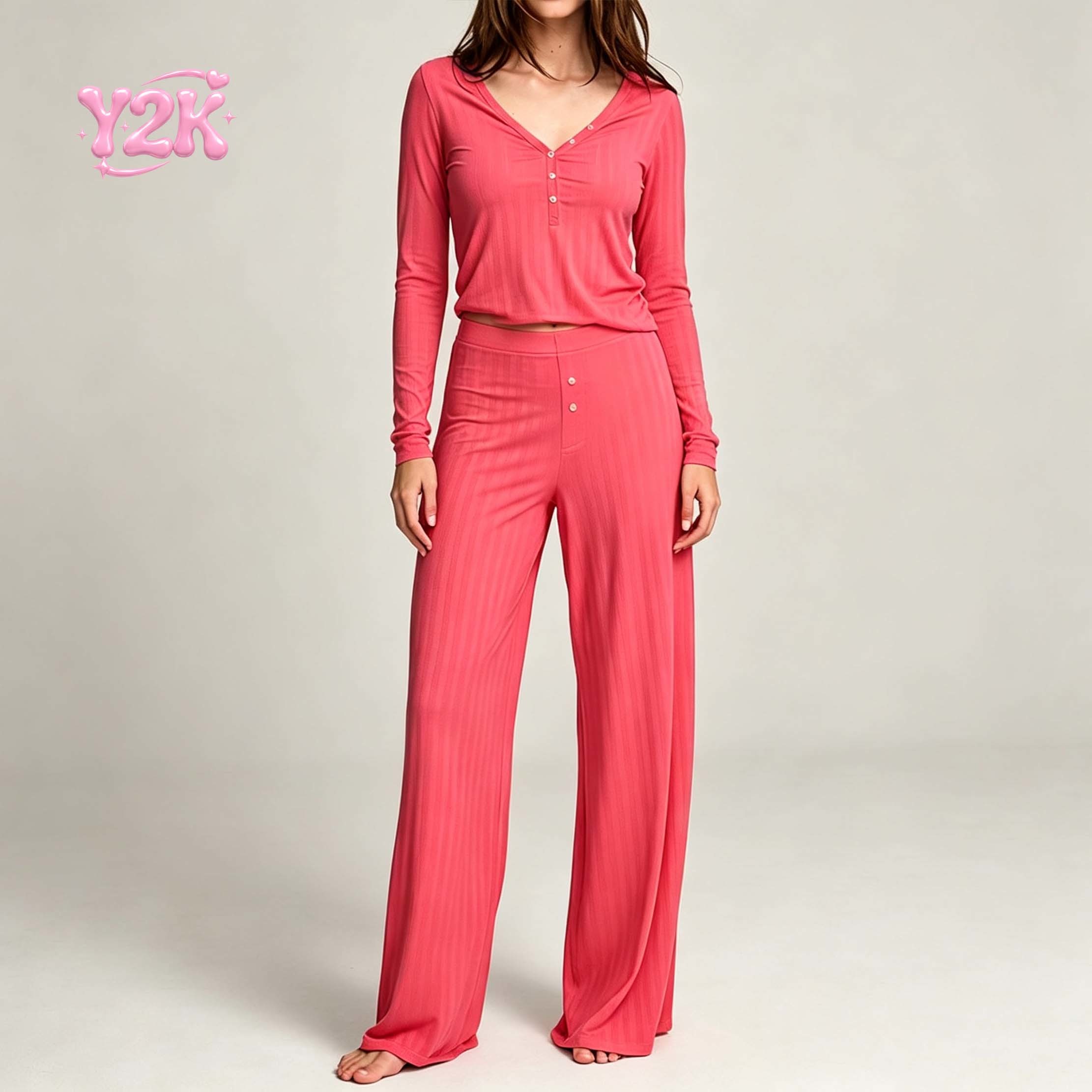 Custom Women's Ribbed Button Cardigan Wide Leg Pants Set