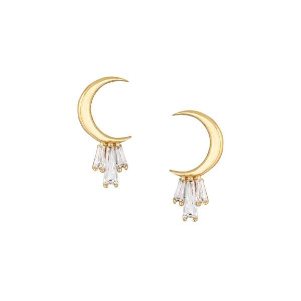 18K Oro Revestido 925 Plata Esterlina Baguette Lunar Stud Aretes para Mujeres AAA CZ Piedra