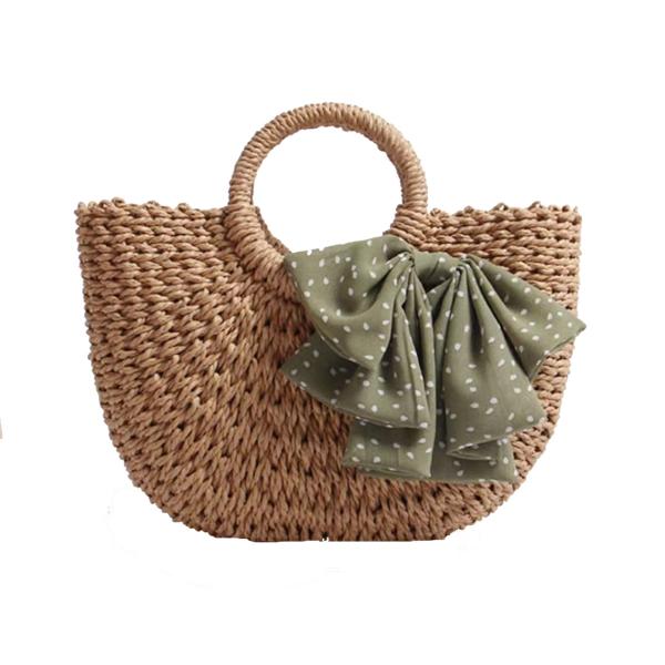 Brown Corn Skin Crochet Hand Bag Small With Green Scarf Bow Woven ODM