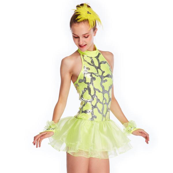 Neon Yellow Fully Sequins Halter Neck Jazz Tap Dance Dress Competition Costumes Sparkly Performance Wear