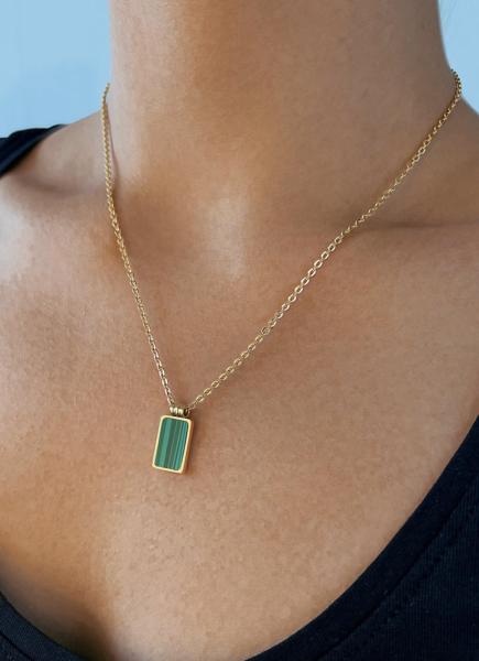 Vintage 18k Stainless Steel Fashion Necklaces Square Green Stone Pendant Necklace