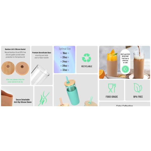 Grado alimenticio Blanco 20 oz botella de vidrio con tapa silicona manga protectora tapa de bambú botella de vidrio de agua para bebidas calientes y frías