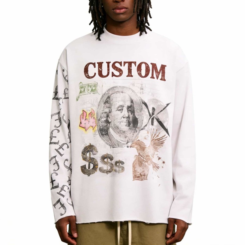 Custom Oversized Graphic Long Sleeve T Shirt Raw Edge Hem Streetwear