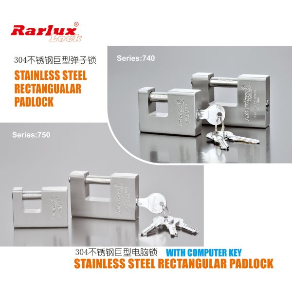 Custom Heavy Duty 304 Stainless Steel Top Security Rectangular Padlock with 4 Computer Keys Silver Rarlux Model 750
