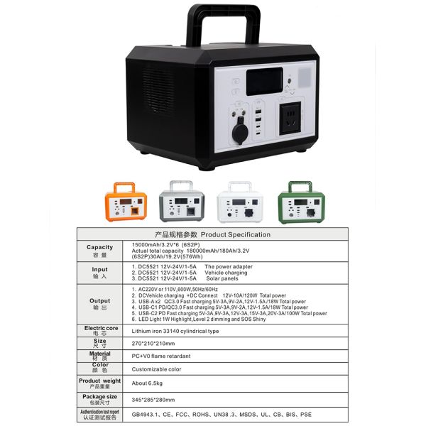 600W Portable Power Station with Lithium Iron Phosphate Battery and Pure Sine Wave AC Output
