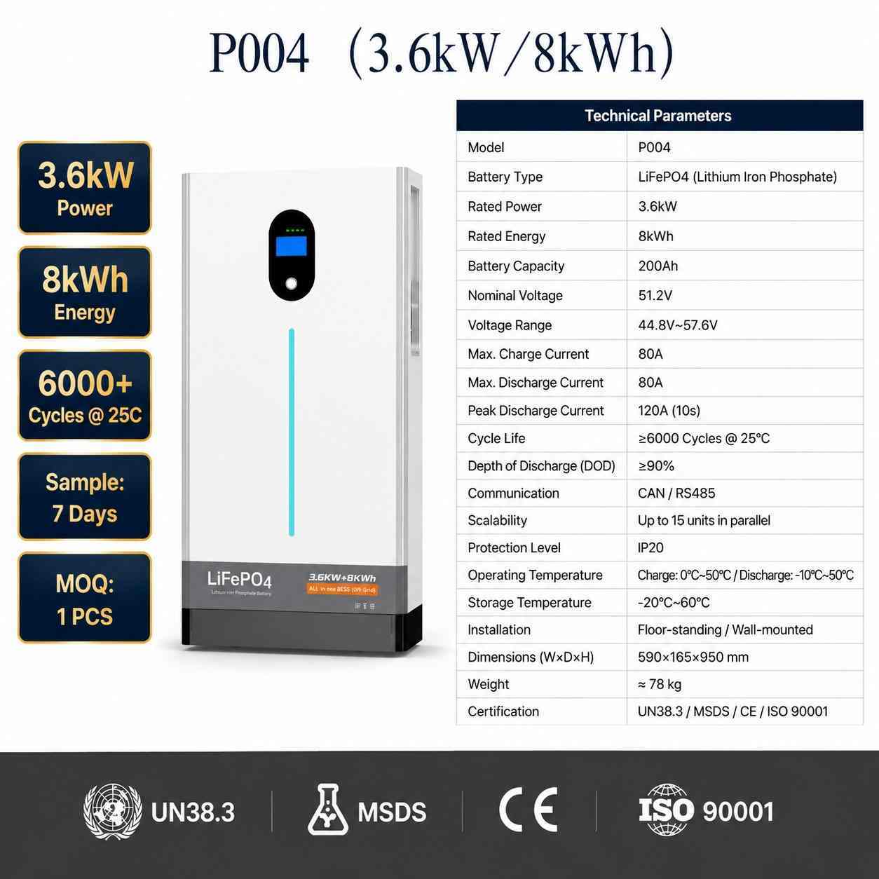 3.6kW 8kWh All-in-One Solar Energy Storage System LiFePO4 Battery Hybrid Inverter for Home Backup Tianon