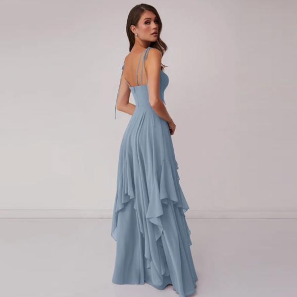 New Style V-neck Dusty Blue Chiffon Tiered A-line Bridesmaid Dress Zipper Ruffles Floor-Length Spaghetti Straps