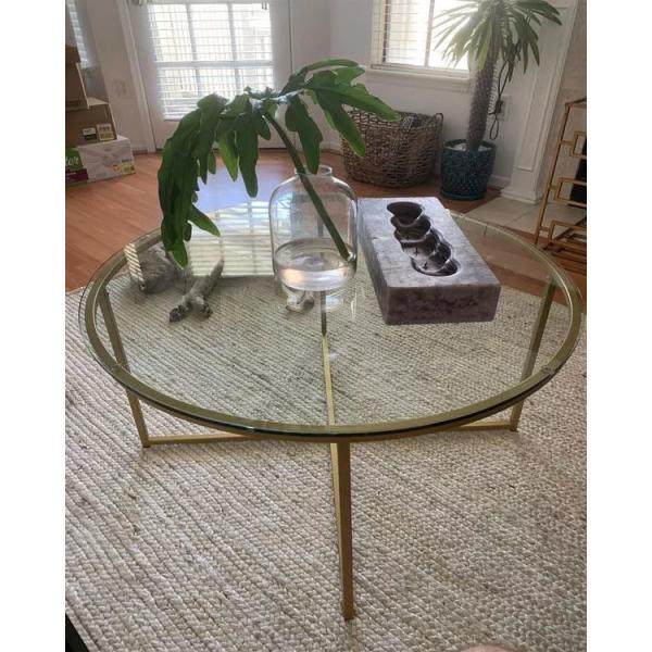 Living Room Furniture PU Leather Cover Material Round Glass Coffee Table Modern Design