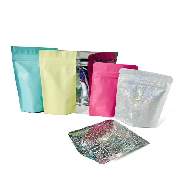 Food Snacks Packaging 4x5 Inch Plain Plastic Packaging Bags 3.5G Reusable Zipper Holographic Mylar with Gravnre Printing
