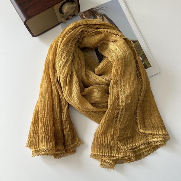 Y-Z Luxury Shawl Scarf Women Korean Lace Embroidery Plain Color Cotton and Linen Scarf Sunscreen Scarves