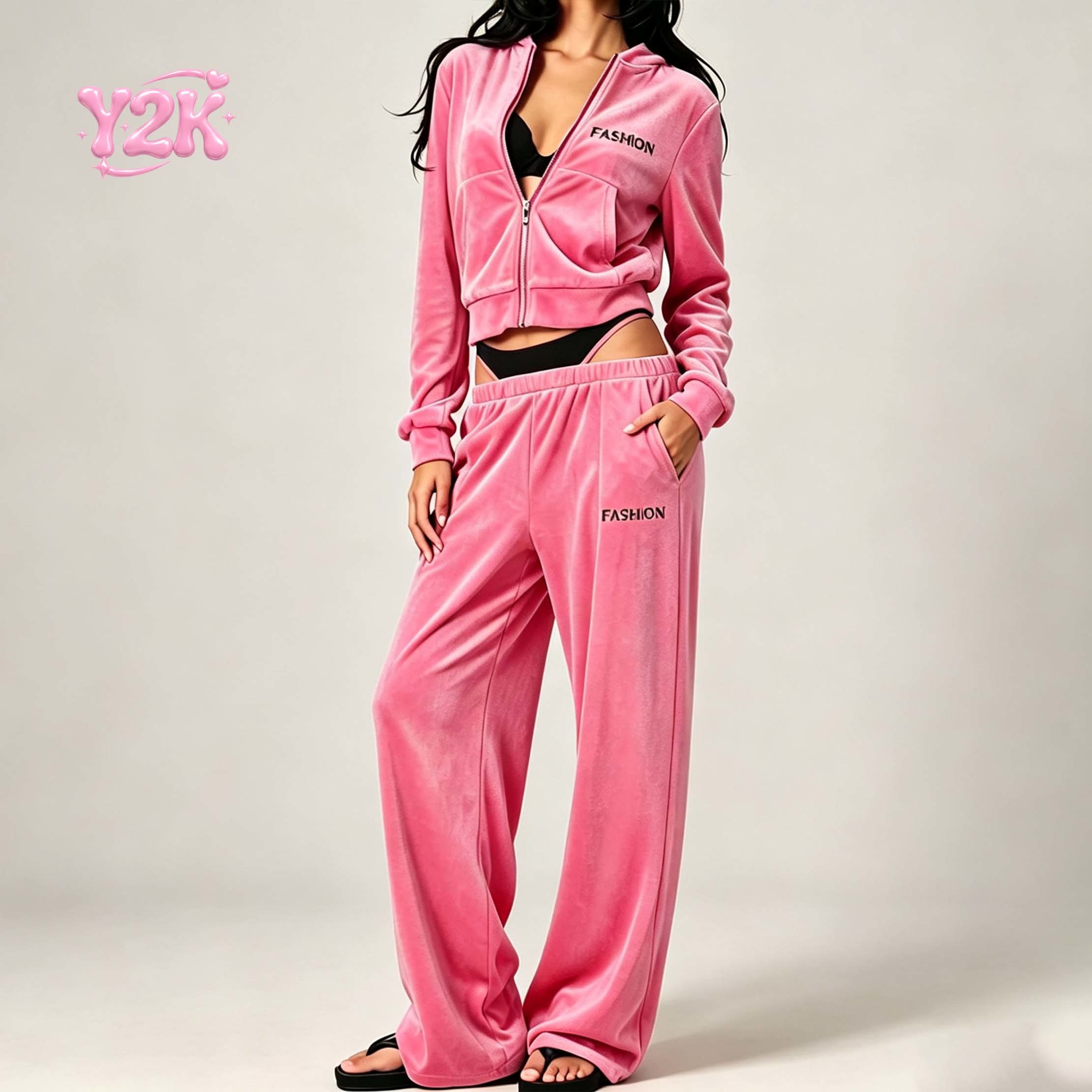 Custom Women's Velour Zip Hoodie Wide Leg Pants Two Piece Set