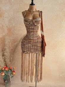 Bohemian Summer Dress with Handmade Braided Rope Trim in Flattering Tropical Orange Tone and Premium Light Sweater Knit
