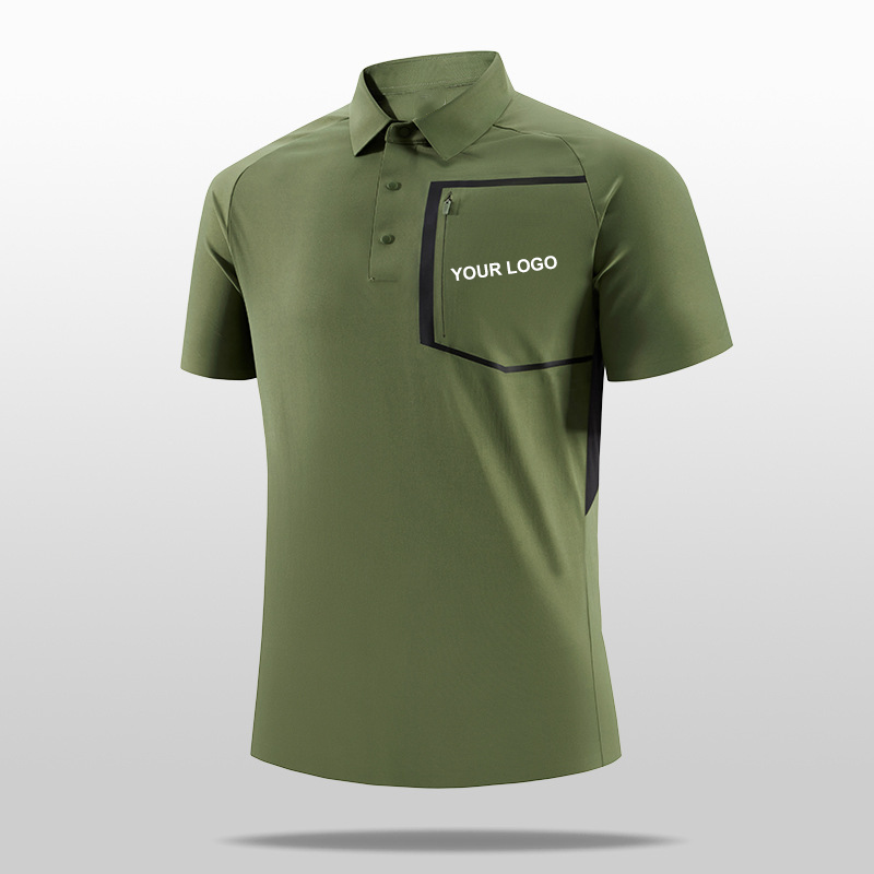 Men's 100% Polyester Short Sleeve for Polo Shirt Stand-Up Collar Flap Pocket Quick-Drying High Quality Anti-Pilling Design Knitt