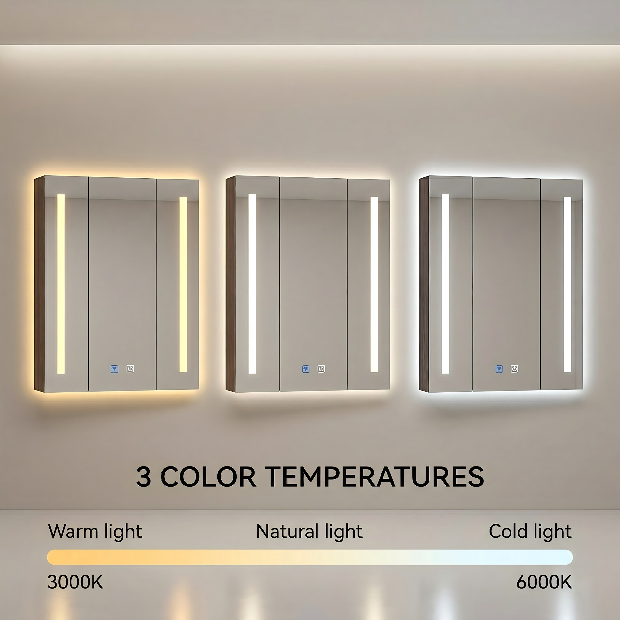 Kingstin LED Bathroom Mirror Cabinet with Lights, Defogger, 3 Colors, Outlet, Aluminum/Stainless Wall Mount Medicine Cabinet