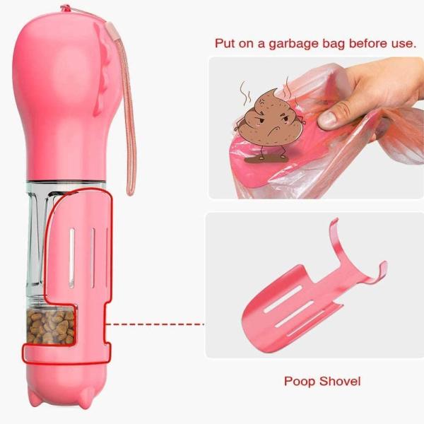 Garrafa de água cor-de-rosa Leakproof portátil do cão 4 In1 com recipiente de alimento & saco do desperdício