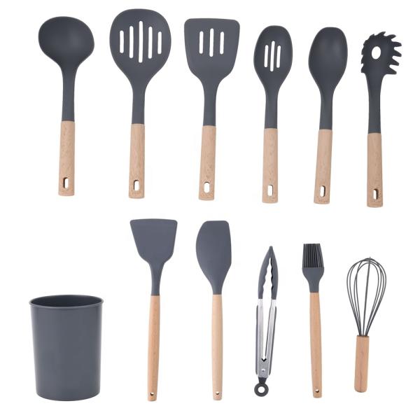 Silk Printing or Debossed Logo 12PCS Silicone Kitchen Utensils Set with Plastic Holder