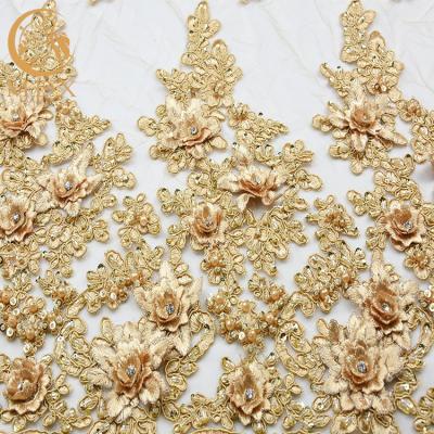 French High End Lace Fabric Water Soluble Handwork Golden Embroidery Lace
