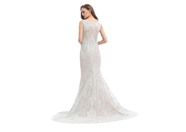 Simple Design Lace Fabric European Style Evening Dresses White Color With Sash