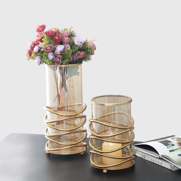 Table wedding centerpieces decorative glass flower vase with metal holder base glass cylinder vase