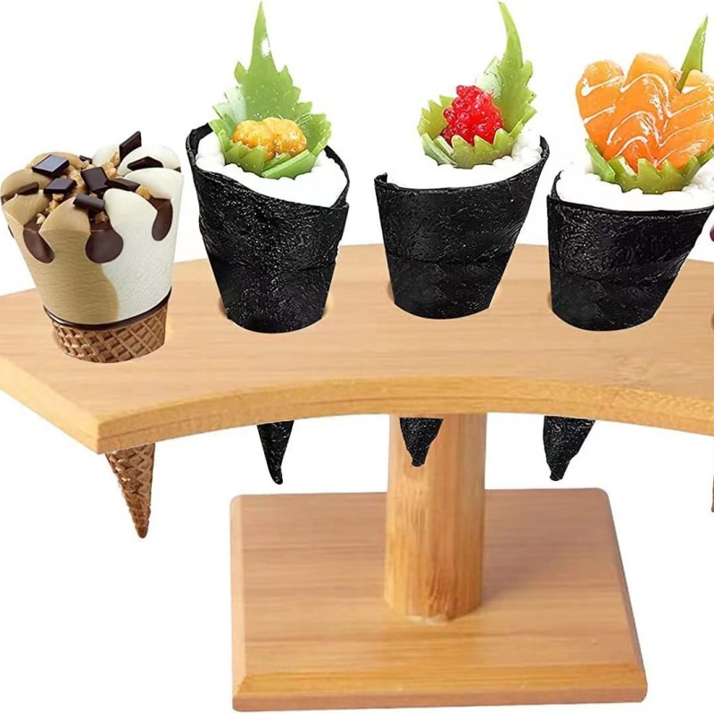 Solid Wood Bamboo Sushi Stand Double-Tiered Hand Roll Table Display Stand with Sugar Cone Wooden Wholesale Pot Holder