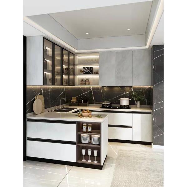 2.5M U Shape Melaminer Modern Modular Kitchen Cabinets With Island Stove