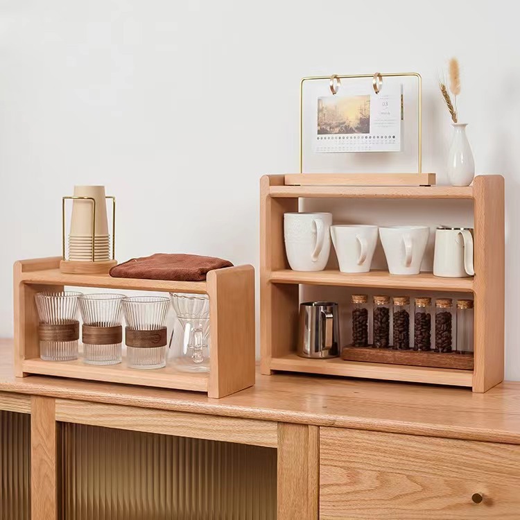 Double-Tier Wooden Storage Rack for Teacup Coffee Cup Table Top Kitchen Organizer with Wire Holder for Seasoning Bottle Sundries