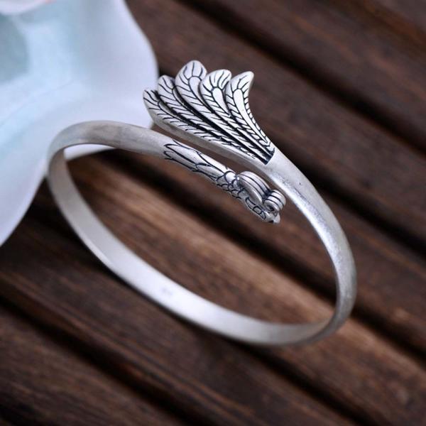 Handcraft Engraved Peafowl Design Sterling Silver Cuff Bracelet for Women (000020)