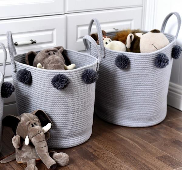3pcs Set Pompom Decoration Baby Gift Hamper Cotton Rope Round Woven Laundry Storage Basket Without Handle Storage