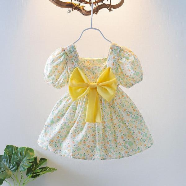 Summer Short Sleeve Girl'S Floral Bow Dress XXS XS S M L XL