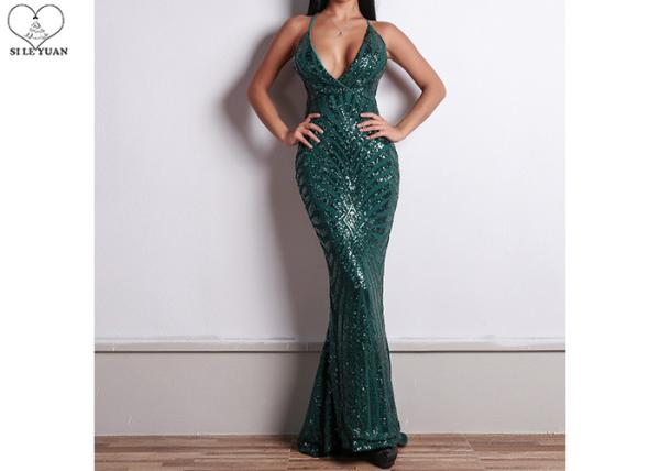 Sexy Sling Dark Green Mermaid Prom Dresses Backless Deep V Neck Sequins Fabric