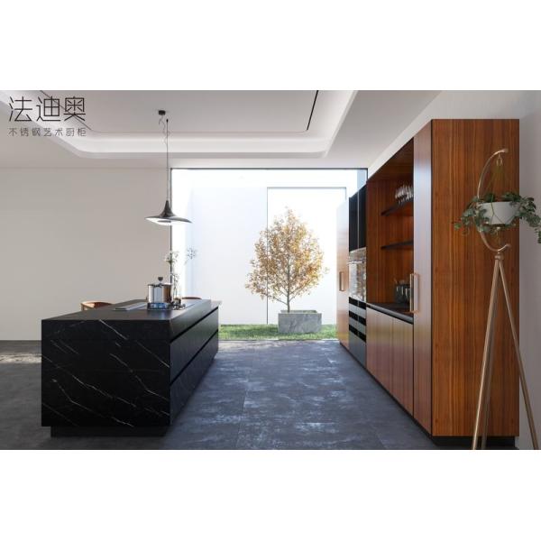 Elegant Double Line Stainless Steel Kitchen Cabinets With Black Sintered Stone Island