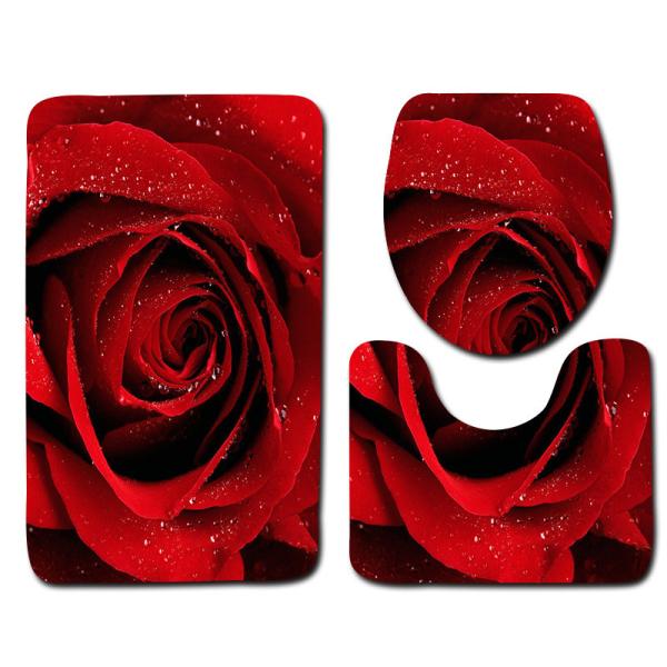 Rose Pattern Toilet Mat Set Polyester Fiber Toilet Lid Cover Set