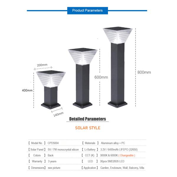 Minimalist 7W LED Solar Garden Light Landscape Decoration Bollard LED Lawn Lighting