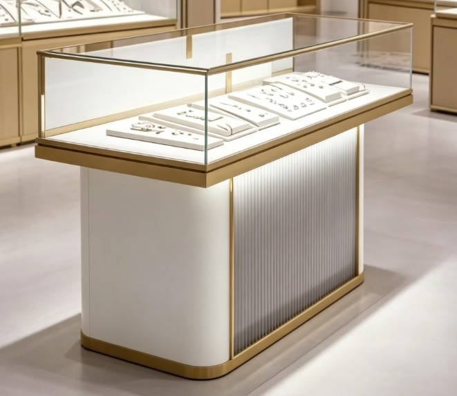Commercial Interior Design for Luxury Jewelry Showroom Display Cabinets with LED Lighting Vintage Gold Finish for Shopping Malls