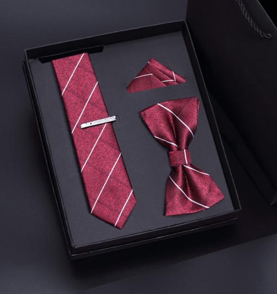 Custom Fashion High Quality Mens Red Necktie Tie Gift Set Hanky With Bowtie Clip Set