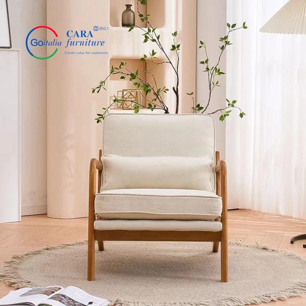 70010 Nordic Single Sofa White Fabric Cushion Solid Wood Chairs Frame Chairs For Living Room Wood With Arm