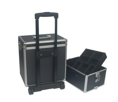 Aluminum Makeup Trolley Case Black Rolling Aluminium Cosmetic Case With Two Layer