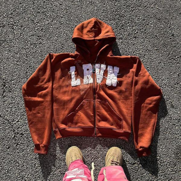 Custom Oversized 500gsm Acid Washed Zip Up Distressed Letter Patchwork Embroidery Hoodies