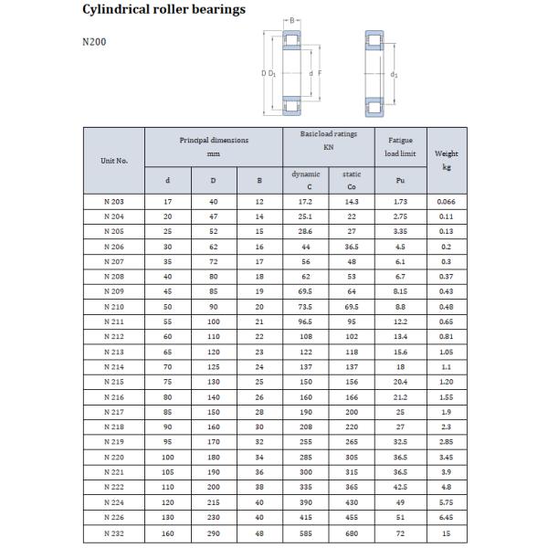 N232 Cylindrical Roller Bearings N205 N220 N200 Series