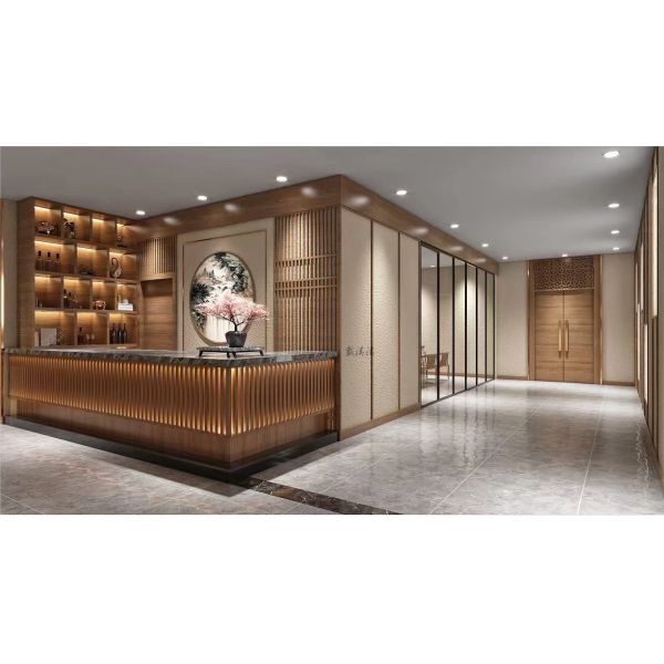 OEM/ODM CUSTOM FURNITURE MANUFACTURE DINGHAO CUSTOM NEW CHINESE STYLE HOTEL RECEPTION DESK MARBLE TOP WOODEN LOBBY COUNTER AND OTHER FURNITURES