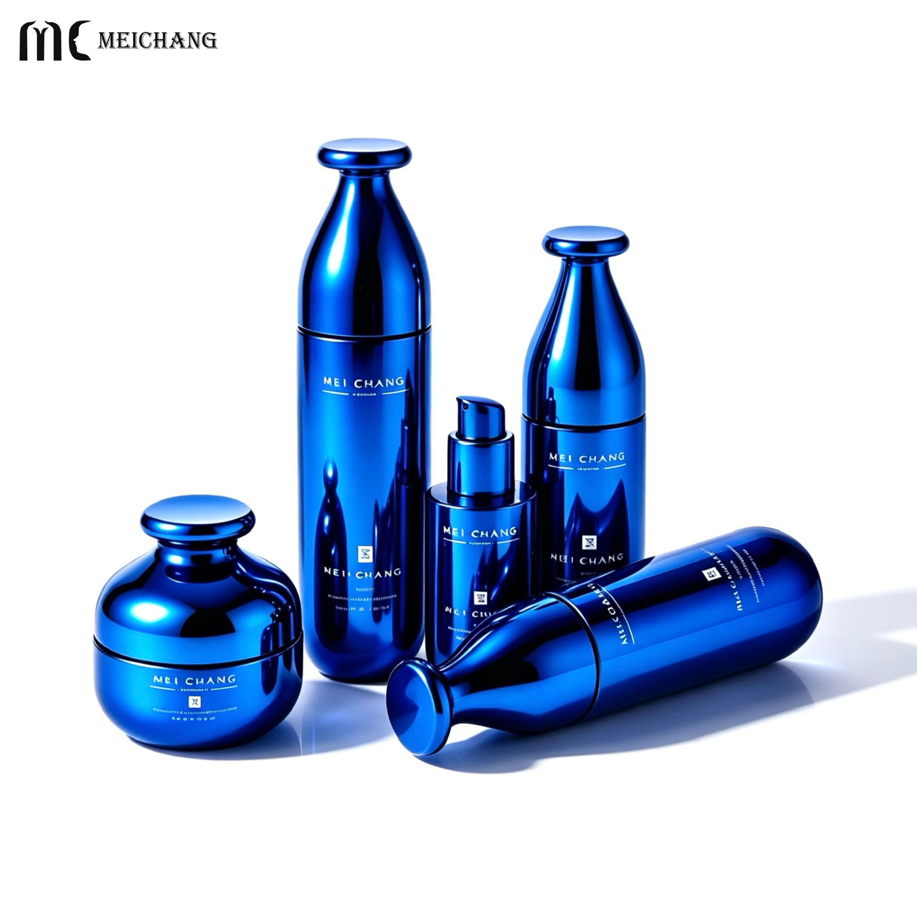 Patented Luxury Glass Cosmetic Packaging Set with Metallic Finish and Complete Skincare Matrix