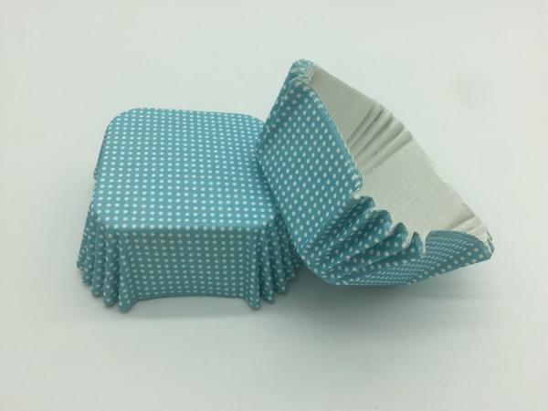 Baby Blue Paper Cupcake Liners , White Dot Square Cupcake Wrappers Heat Resistant