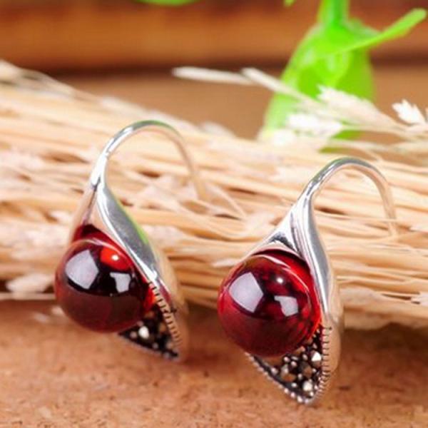 Thai Vintage Sterling Silver 10mm Round Red Garnet Hoop Earrings (E11061RED)