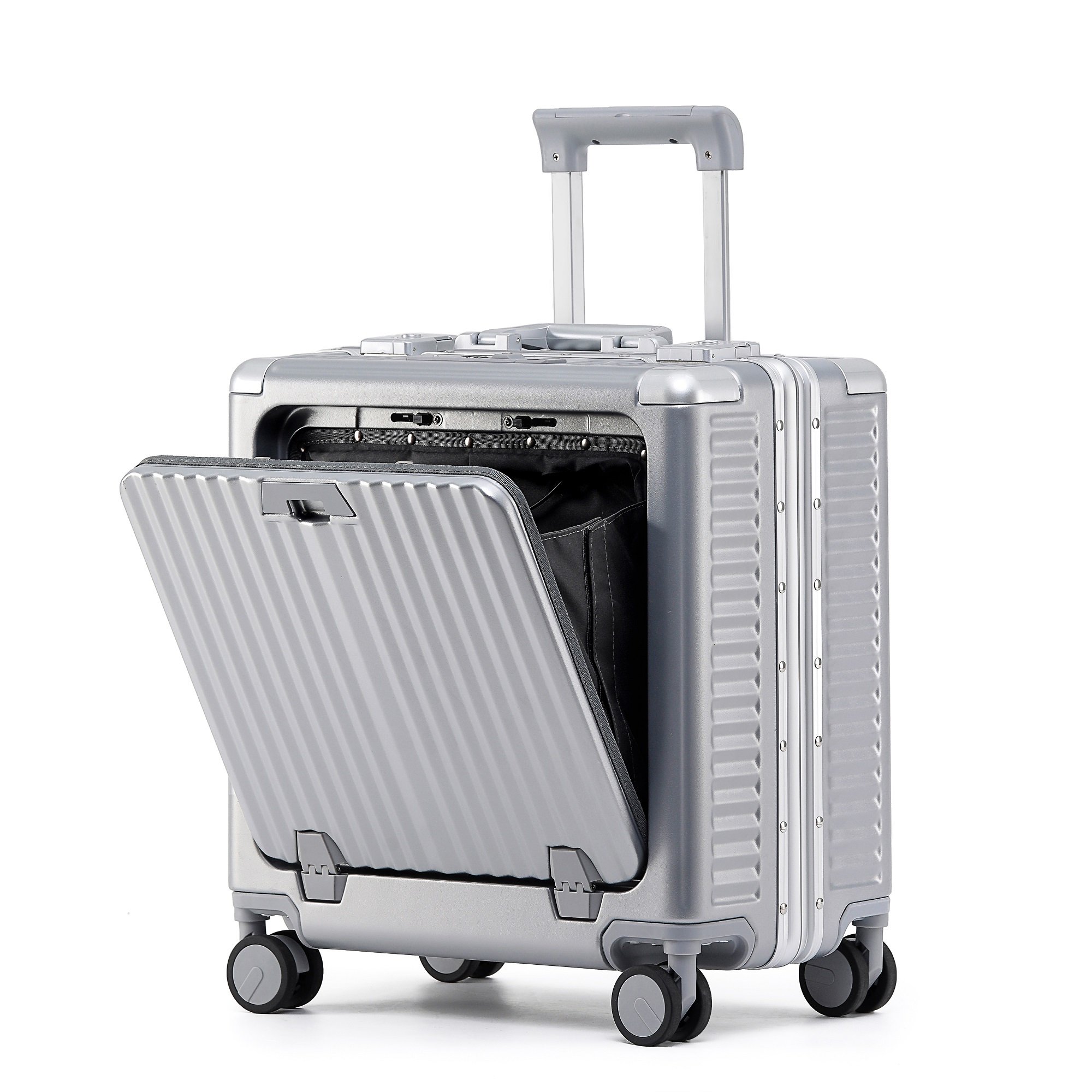 Luxury Aluminum Frame Suitcase Front Opening Zipper Travel Sentry Luggage