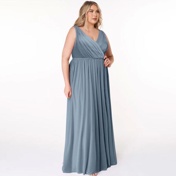 Elegant A-Line Front Split Slit Sky Blue Chiffon V-Neck Sleeveless Pleated  Backless Plus Size YKK Zipper