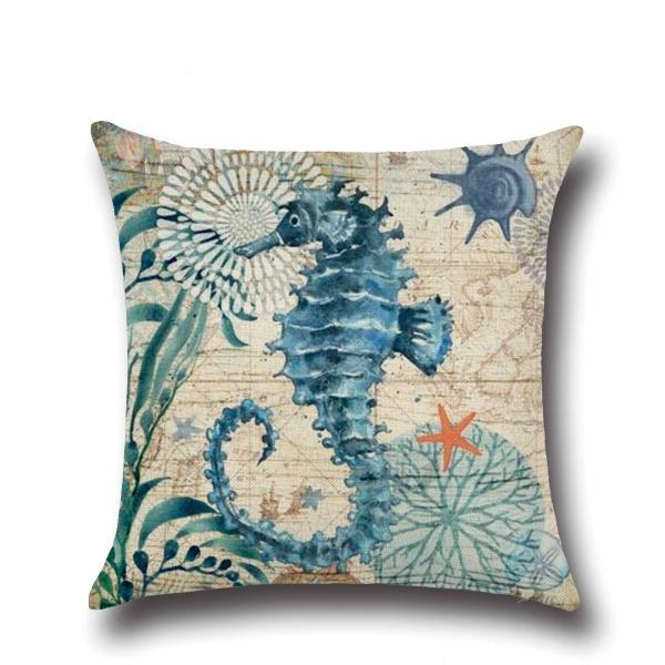 Sea Life Decorative Throw Pillow Covers 18x 18 , Faux Linen Coastal Seahorse Cushion Cases for Bed and Couch
