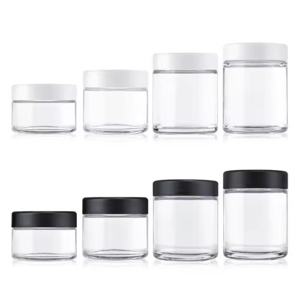 Clear Smell Proof Jars Food Storage Container Wide Mouth Airtight Clear Empty Glass Jars With Black Caps Wholesale